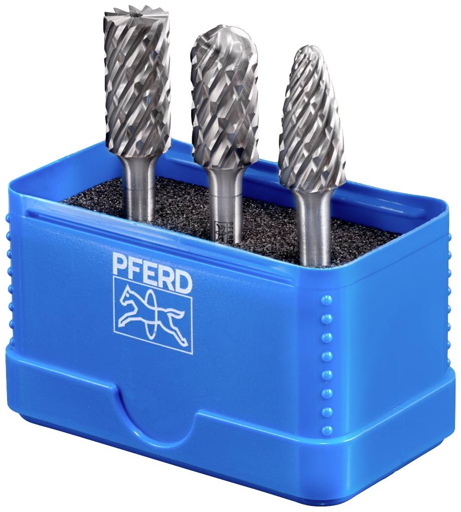 Trzy pilniki z różnymi kształtami końcówek w niebieskim uchwycie marki 'Pferd', na białym tle.