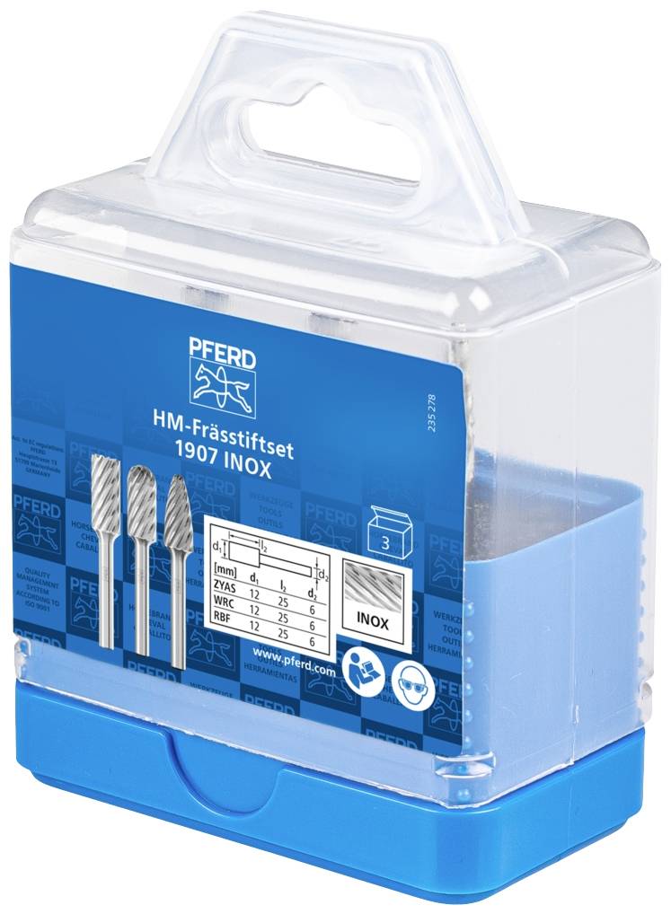 Opakowanie plastikowe zestawu frezów HM firmy PFERD, model 1907 INOX, składające się z trzech frezów.