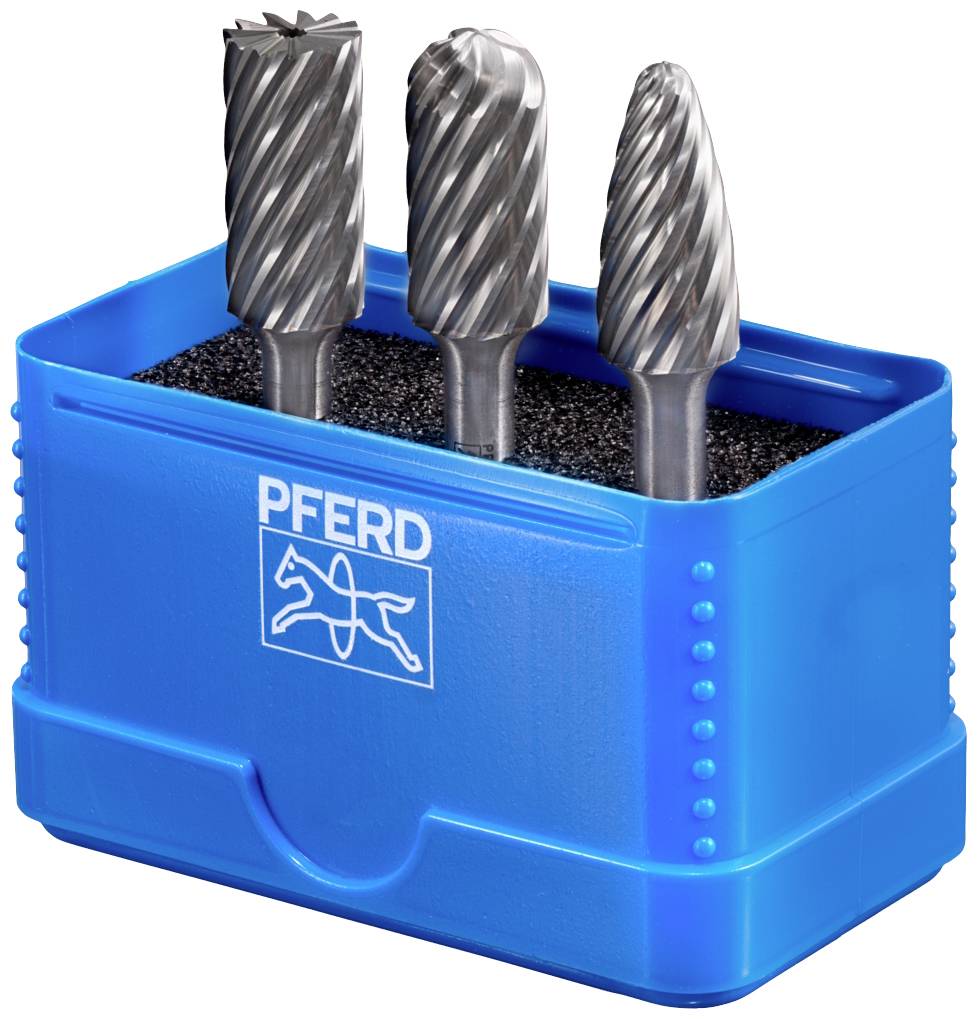 Niebieski pojemnik z wyściółką z pianki, zawierający trzy frezy metalowe o różnych powierzchniach tnących.