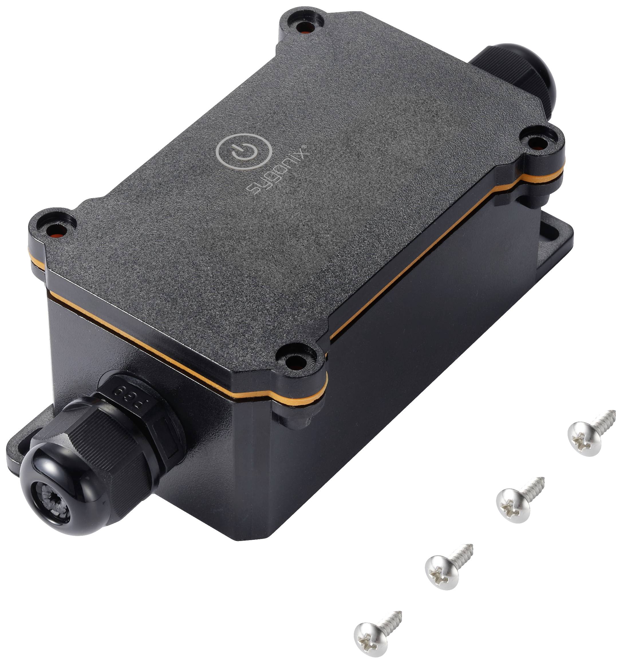 Czarna, prostokątna skrzynka elektroniczna z logo 'subnrx', pomarańczowa linia akcentowa biegnąca dookoła; po prawej stronie cztery srebrne śruby.