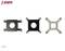 'Trzy uchwyty procesora obok siebie. Po lewej stronie i pośrodku wykonane z czarnego materiału, po prawej stronie z materiału metalowego. Logo marki w lewym górnym rogu.'