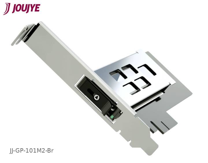 Adapter PCIe firmy JouJye do montażu dysku M.2 na karcie PCIe, model JJ-GP-101M2-Br, w srebrnym wykończeniu.