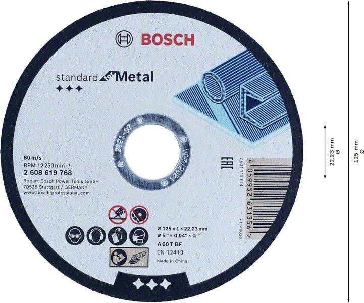 Tarcza szlifierska Bosch, 'standard for Metal', średnica 125 mm, do szlifowania metalu. Wyprodukowano w Chinach, 80 m/s, EN 12413.
