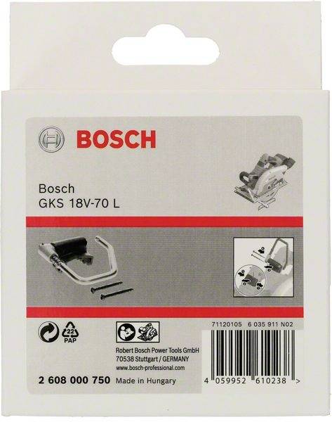 Opakowanie piły tarczowej Bosch, model GKS 18V-70 L. Prezentuje zdjęcie produktu, śruby i mocowanie.