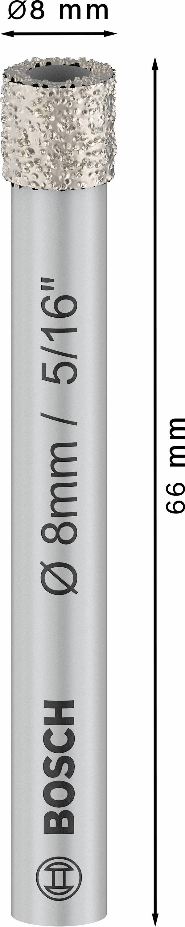 Wiertło Bosch o średnicy 8 mm/5/16", długość 66 mm, odpowiednie do precyzyjnego wiercenia w twardych materiałach.