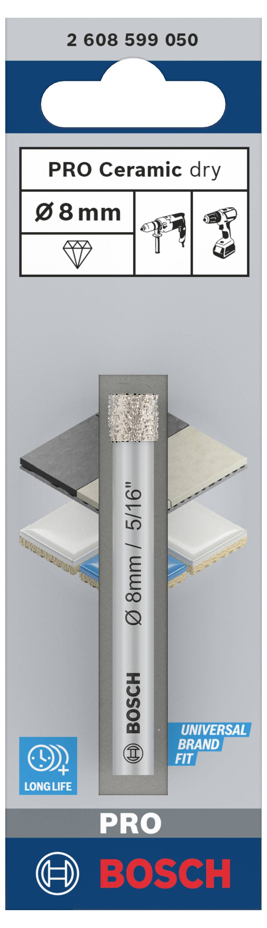 Zestaw wierteł: Bosch PRO Ceramic dry, średnica 8 mm. Nadaje się do płytek i innych twardych materiałów.