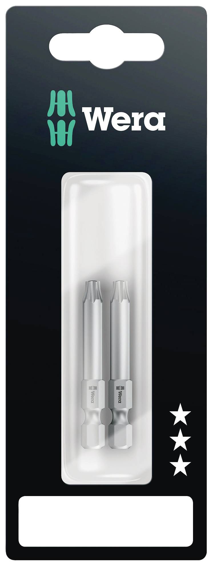 Dwa bity wkrętakowe Wera w opakowaniu blistrowym, na czarnym tle z logo Wera oraz trzema białymi gwiazdkami w prawym dolnym rogu.
