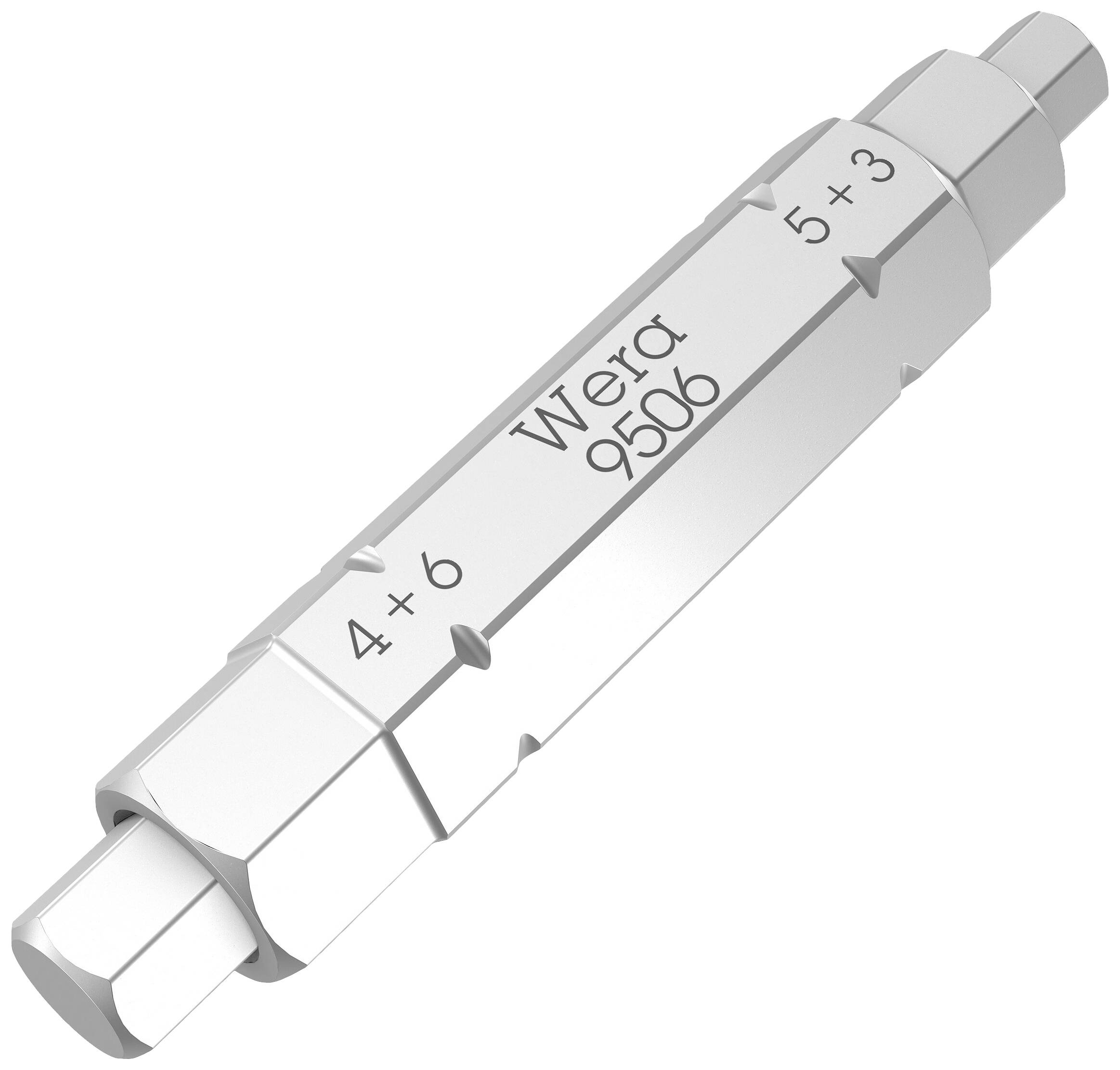 Dwustronny klucz nasadowy wykonany z metalu z napisem 'Wera 9506', przystosowany do różnych rozmiarów śrub (4+6, 5+3).