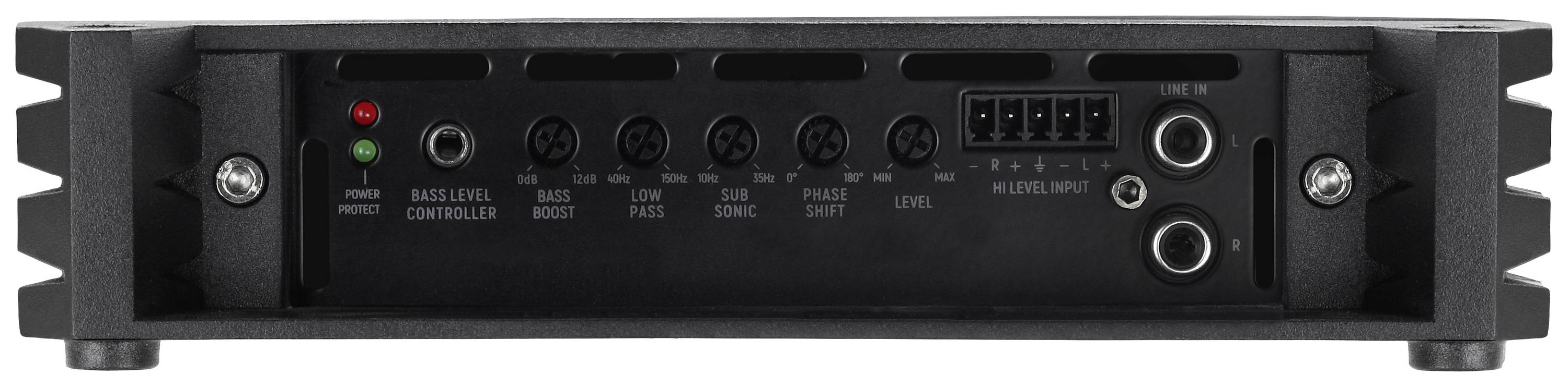 Czarny wzmacniacz audio z regulatorami basu, częstotliwości i głośności. Wielokrotne złącza dla głośników. Wskaźniki LED po lewej stronie.