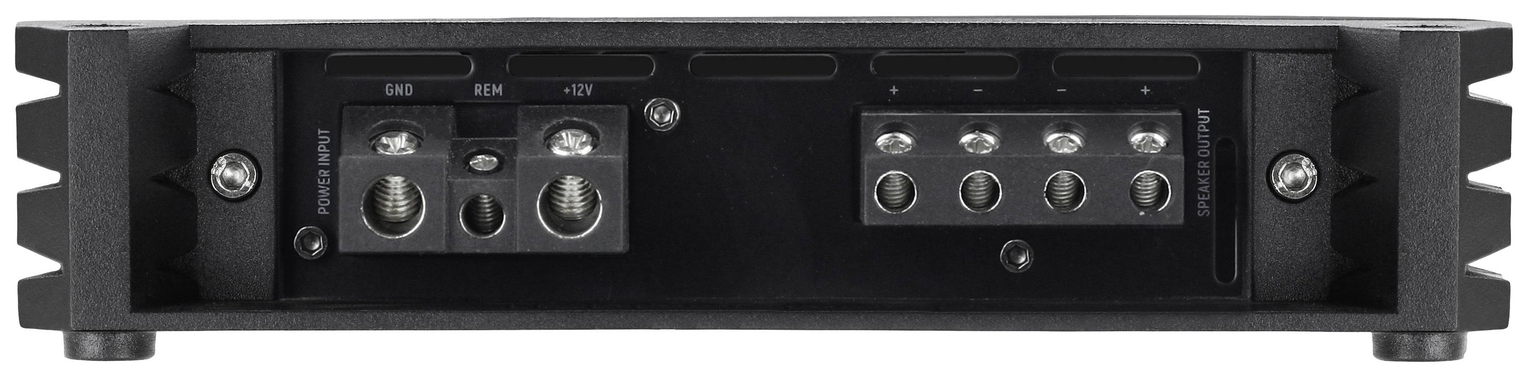 Widok z tyłu wzmacniacza z gniazdami podłączeniowymi dla głośników i przewodu zasilającego.