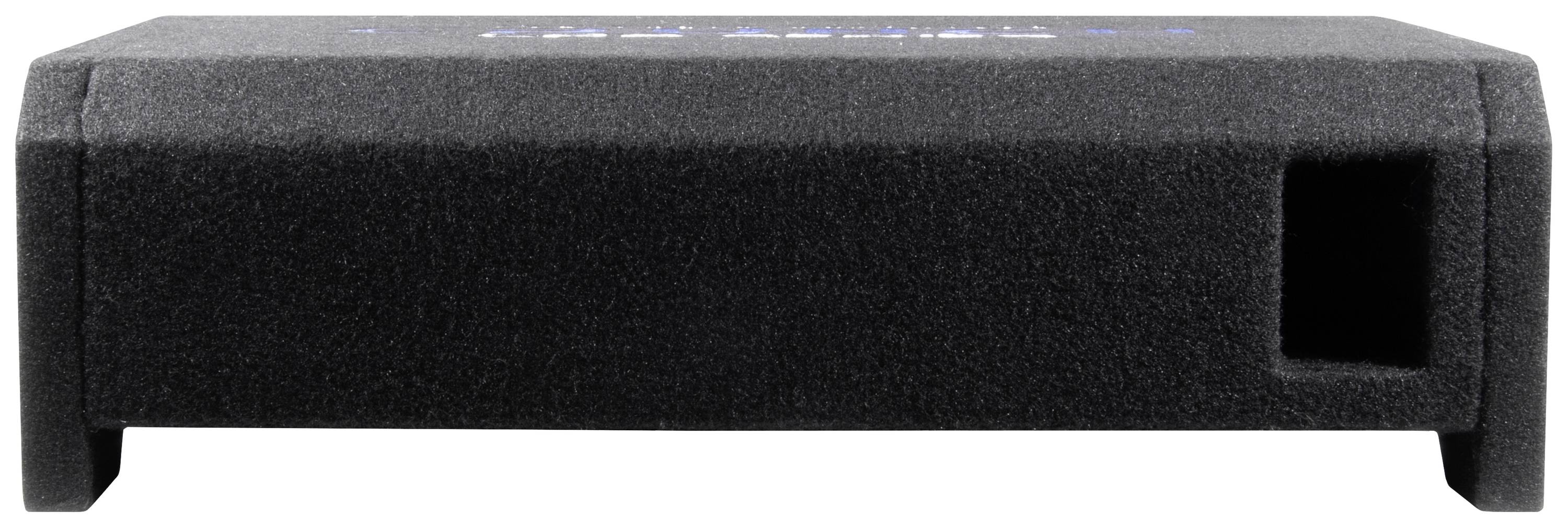 Czarny, prostokątny subwoofer z otworem wentylacyjnym z boku, przeznaczony do urządzeń audio.