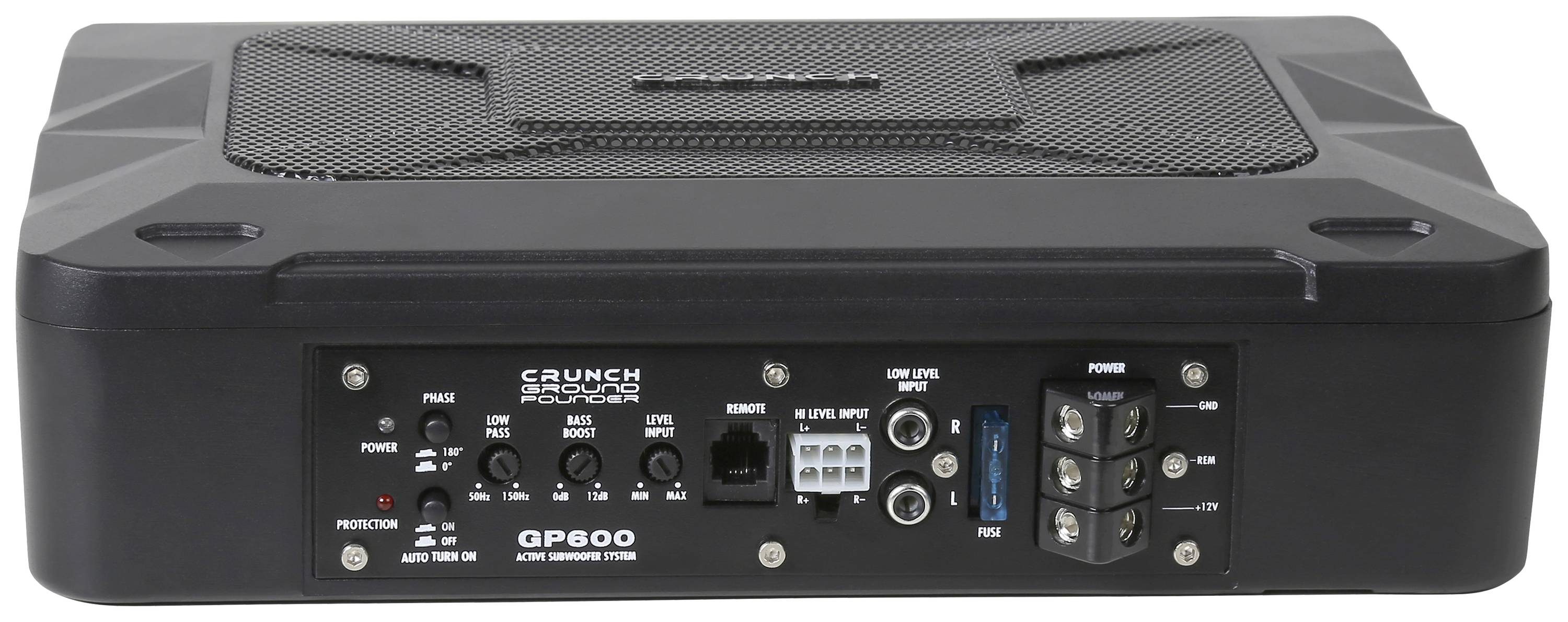 Wzmacniacz samochodowy z wieloma opcjami podłączenia i elementami sterującymi. Etykieta 'Crunch GP800', pokazuje wyjścia i wskazówki bezpieczeństwa.
