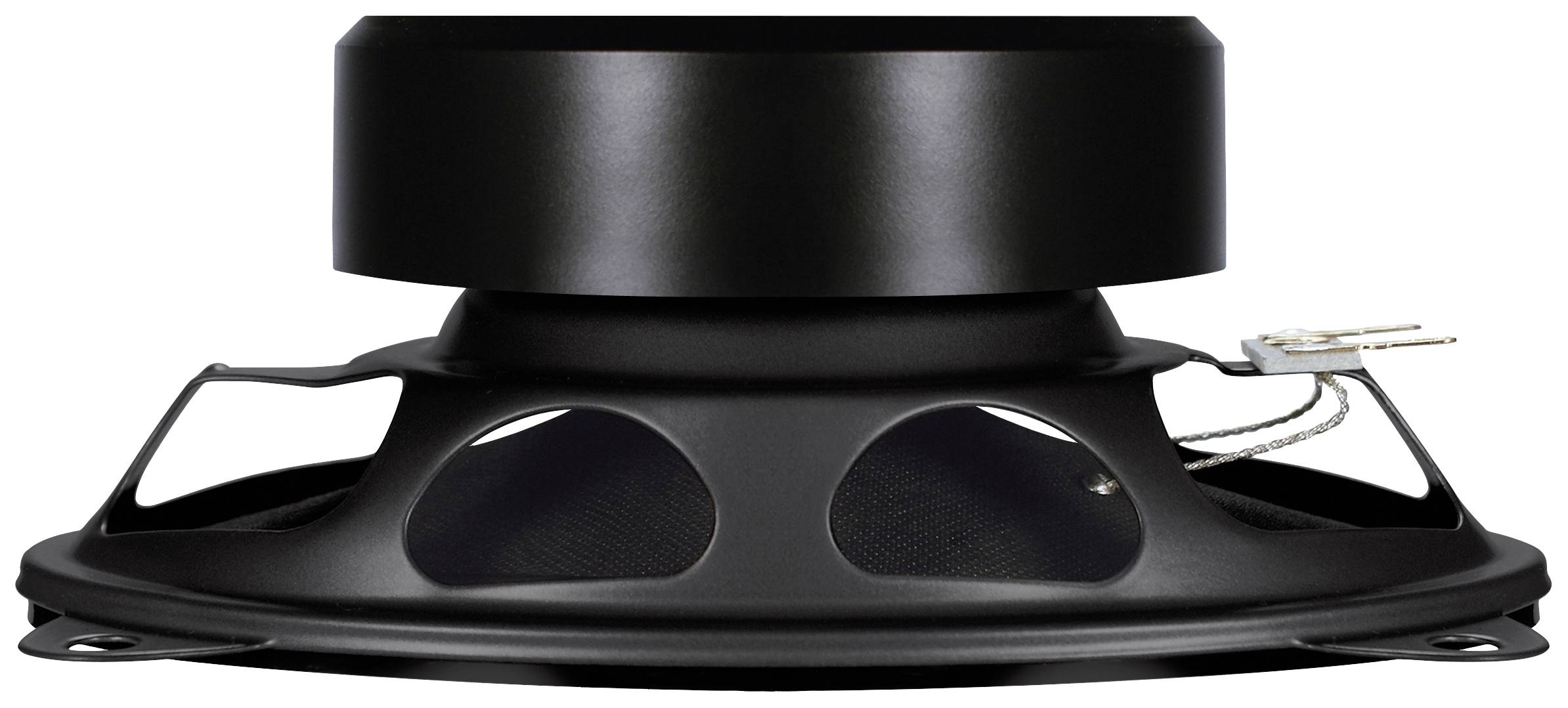 Głośnik widziany z boku, ukazujący membranę i przewody przyłączeniowe. Odpowiedni do instalacji audio.