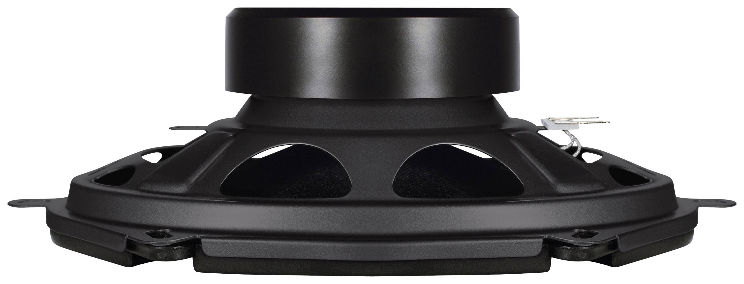 Czarny głośnik widziany z boku, ukazujący szczegóły struktury i połączeń elektronicznych.