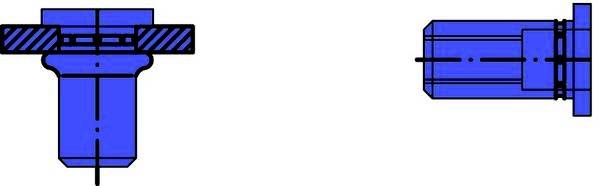 Diagram przedstawiający dwa niebieskie elementy mechaniczne, umieszczone obok siebie: widok z przodu (po lewej) i widok z boku (po prawej), z detalami przekroju.