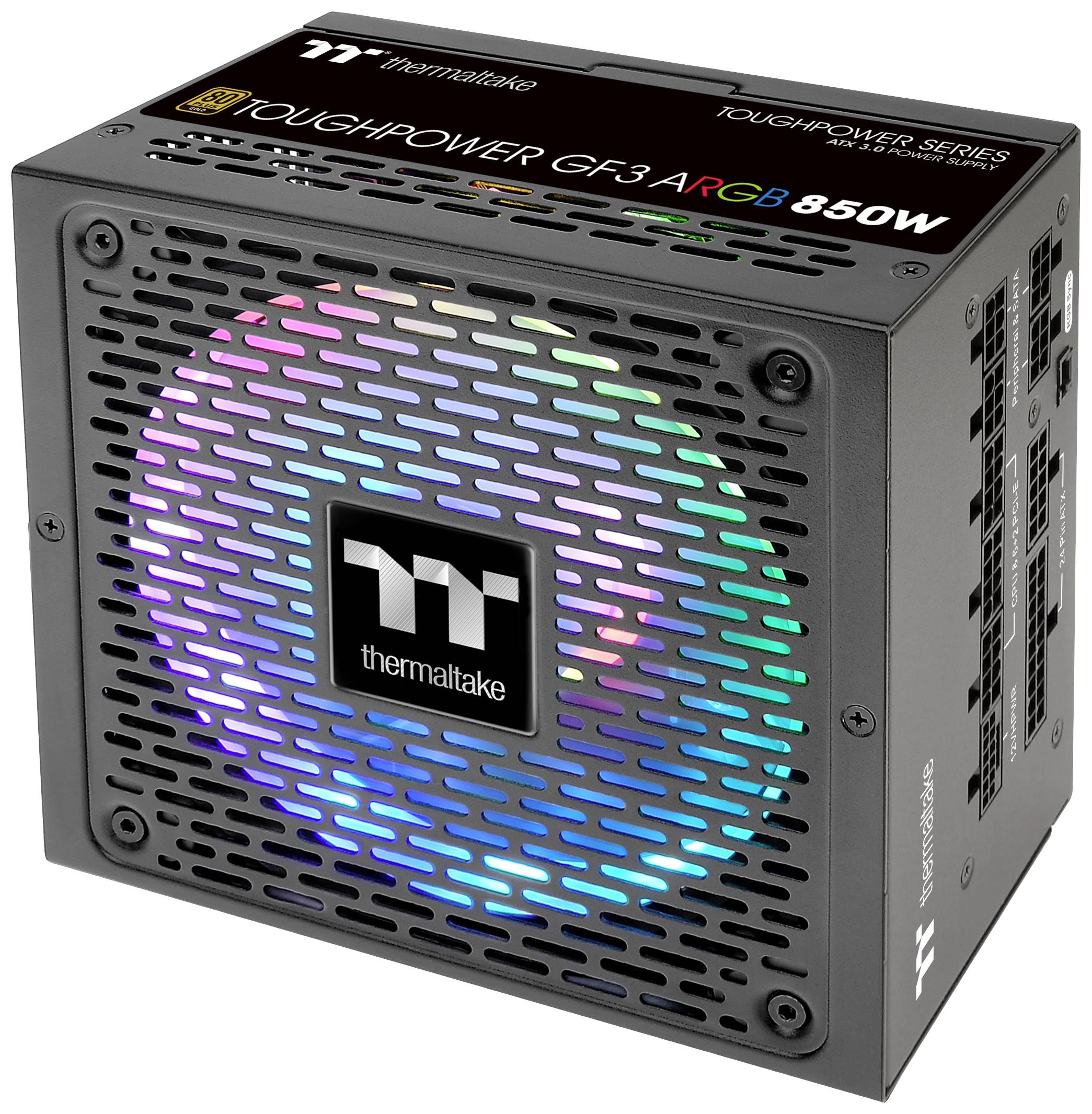 Czarny zasilacz komputerowy Thermaltake z podświetleniem tęczowym z napisem 'Toughpower GF3 ARGB 850W'.