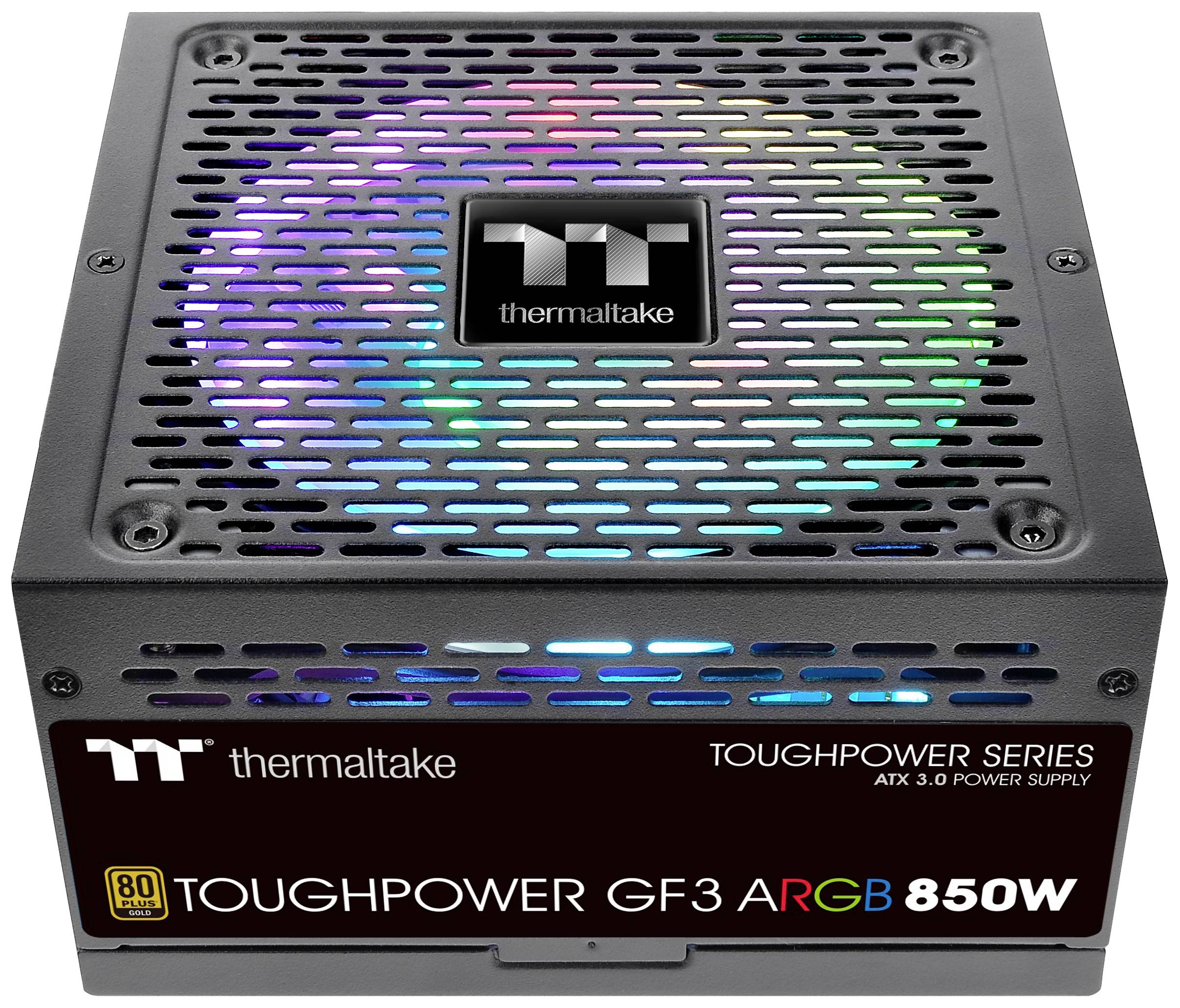 Zasilacz 'Thermaltake TOUGHPOWER GF3 ARGB 850W', pokazujący górną kratkę wentylatora z podświetleniem tęczowym, odpowiedni dla standardu ATX 3.0.