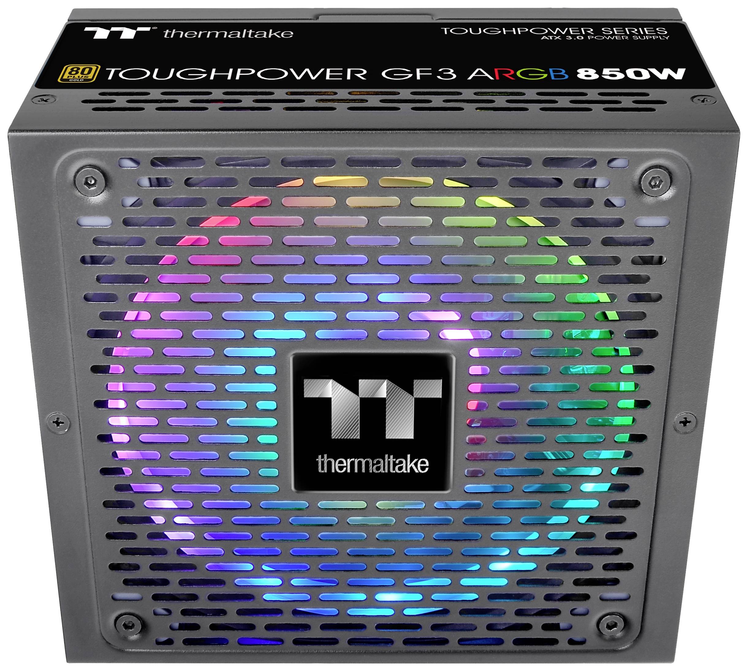 Zasilacz komputerowy Thermaltake, model Toughpower GF3 ARGB 850W, z kolorowym podświetleniem LED i wentylowaną pokrywą.