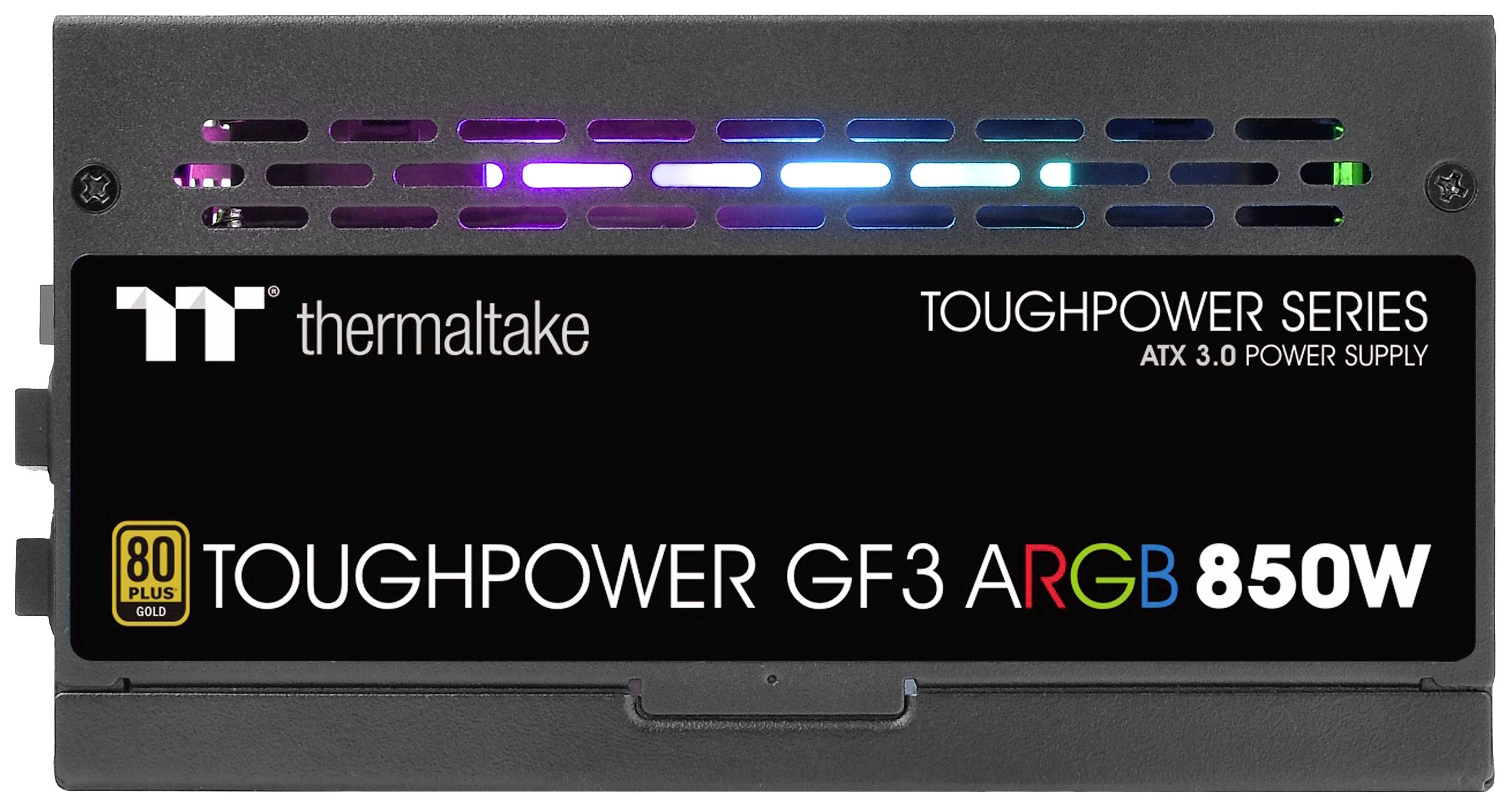 Zasilacz Thermaltake, model 'Toughpower GF3 ARGB 850W', wyposażony jest w świecące diody RGB i posiada certyfikat 80 Plus Gold.