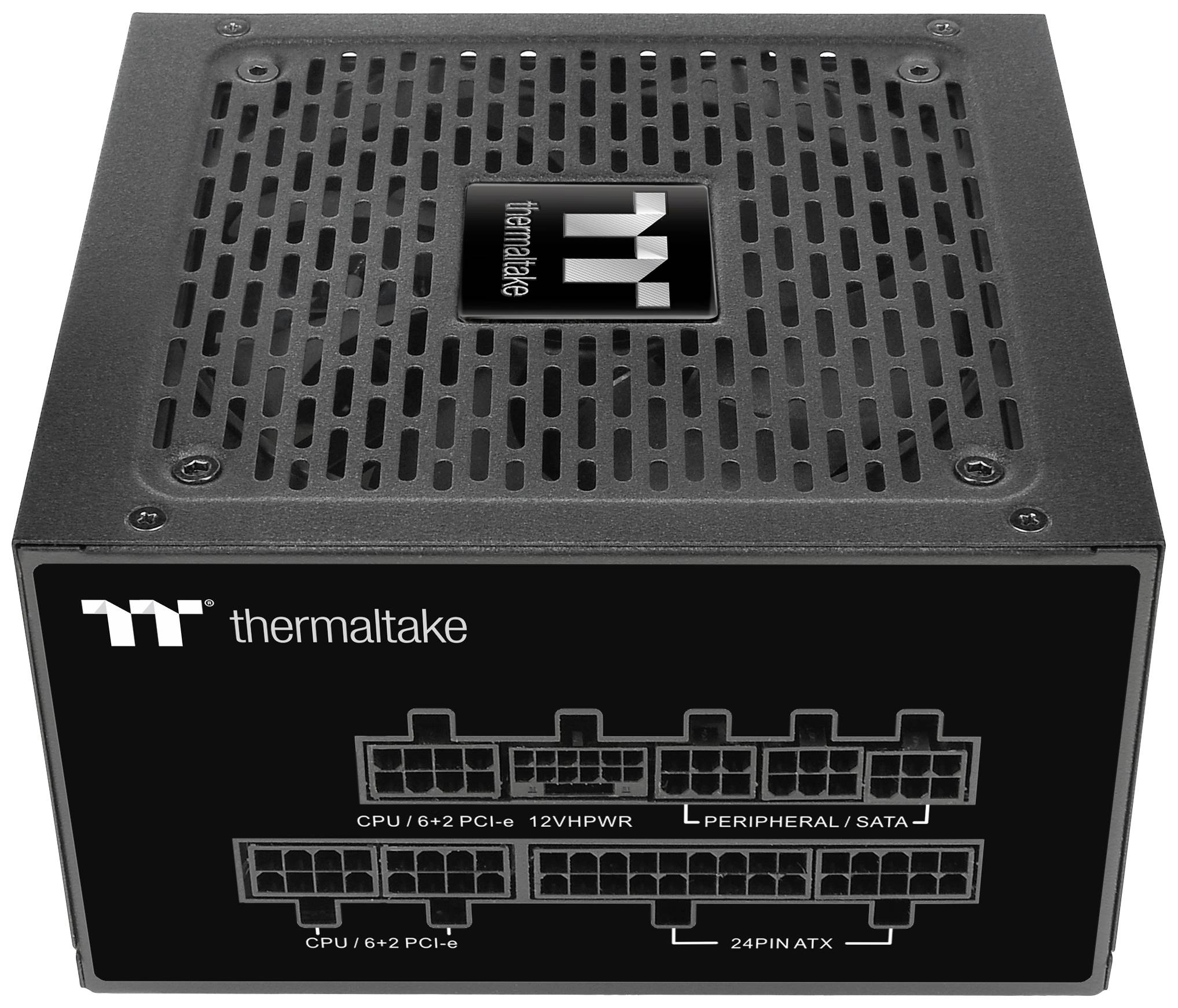 Zasilacz komputerowy Thermaltake, czarny, z wieloma opcjami podłączenia dla procesora, PCIe, SATA i płyty głównej, z kratką wentylacyjną na górze.