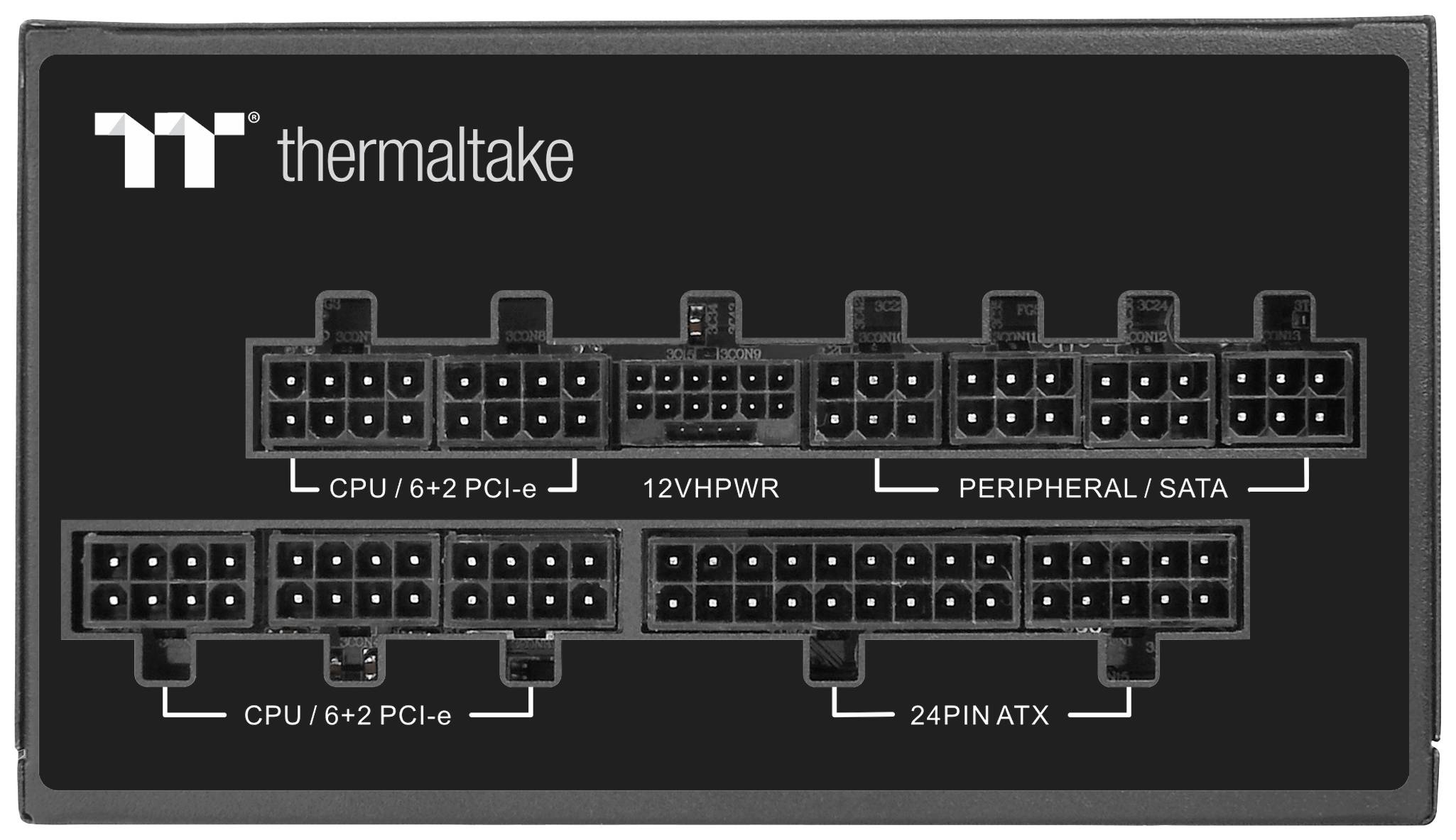Złącza zasilacza z oznaczeniami: 'CPU/6+2 PCI-e', '12VHPWR', 'PERIPHERAL/SATA', 'CPU/6+2 PCI-e' oraz '24PIN ATX'.