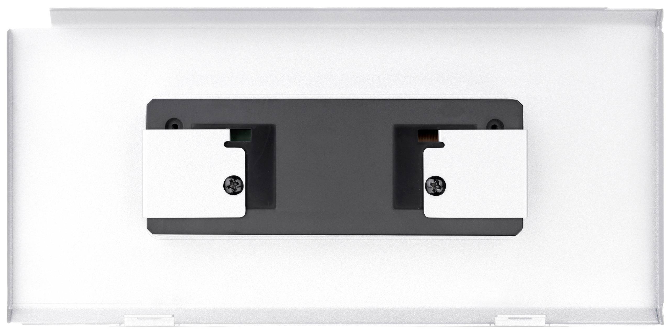 Prostokątny biały uchwyt ścienny z dwoma czarnymi punktami mocowania pośrodku.