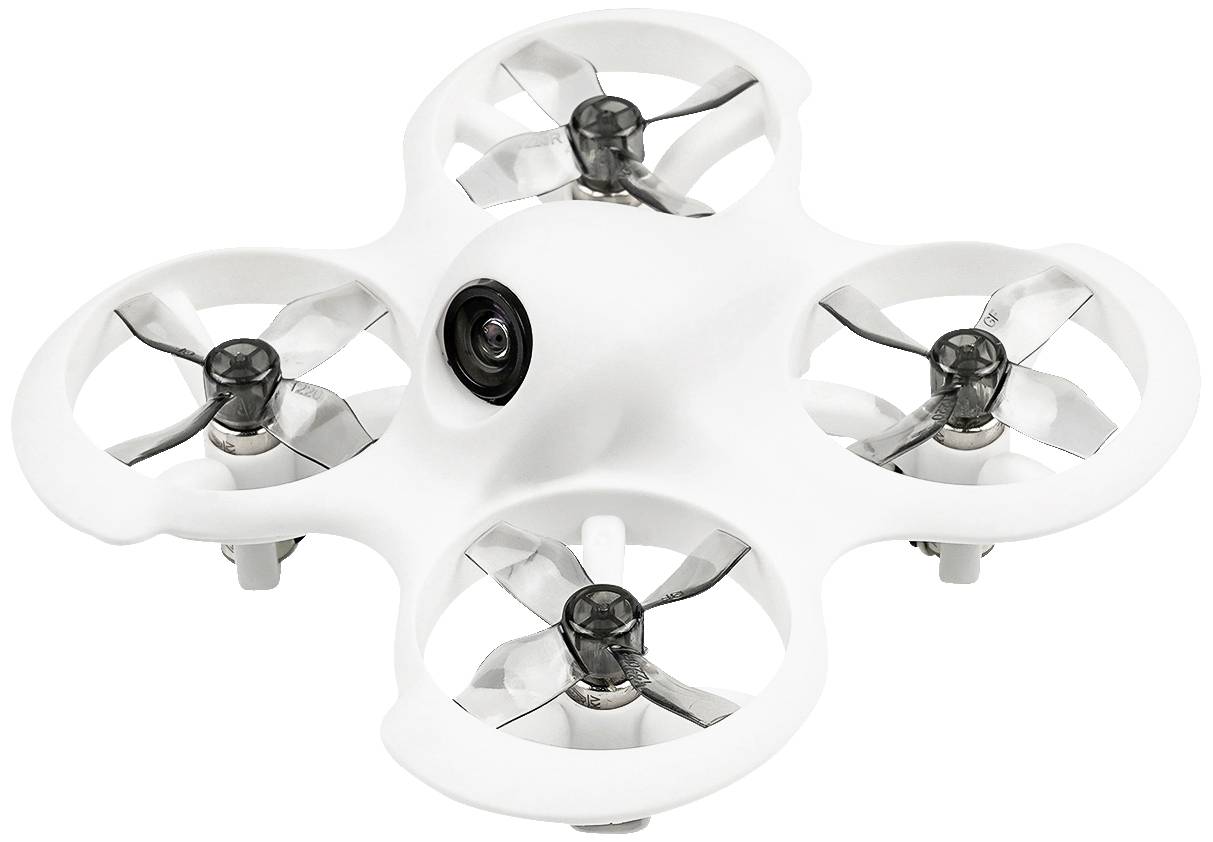 Biały dron z czterema śmigłami i kamerą pośrodku, gotowy do lotu.