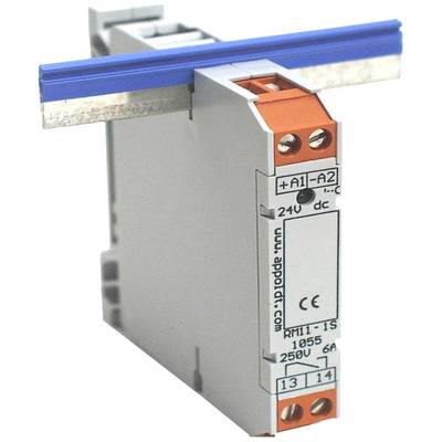 Przekaźnik zamocowany na szynie za pomocą metalowego zacisku, przedstawiający przyłącza i specyfikacje: 24V, 250V, 6A.