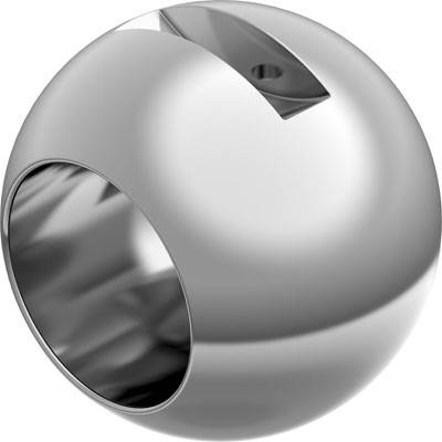Metalicznie błyszcząca kula z ściętym otworem na wierzchołku.