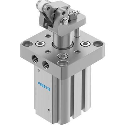 Cylinder pneumatyczny firmy Festo z wieloma otworami i metalową konstrukcją. Przeznaczony głównie do zastosowań przemysłowych.