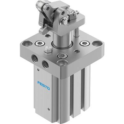 Cylinder firmy Festo z prostokątną podstawą i czterema otworami na śruby, obudowa wykonana z srebrnego metalu, mechanizm dźwigniowy przedstawiony u góry.