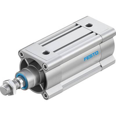 Srebrny cylinder pneumatyczny Festo z niebieskimi akcentami i montowaną śrubą, odpowiedni do zastosowań przemysłowych.