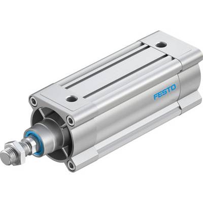 Srebrny cylinder pneumatyczny z niebieskim napisem 'Festo', przedstawiony w perspektywie ukazującej jego profil i końcówki.