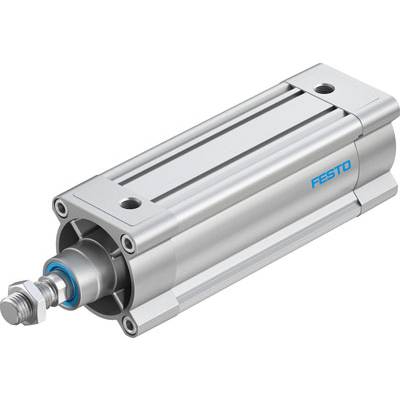 Cylinder metalowy z logo Festo, przedstawiający tłok wysuwający się ze stabilnej obudowy.