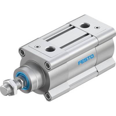Pneumatyczny cylinder Festo z metalową obudową i niebieskimi akcentami. Stosowany w zastosowaniach zautomatyzowanych.