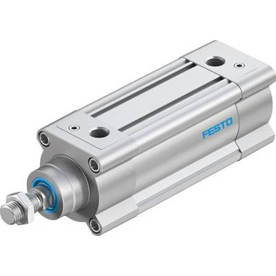 Srebrny cylinder pneumatyczny firmy Festo z niebieskim napisem; kompaktowa budowa, cylindryczny, z otworem mocującym i widocznym końcem tłoczyska.