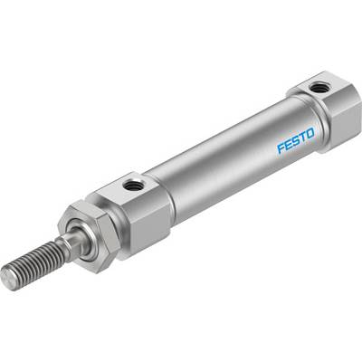 Metalowy cylinder pneumatyczny z niebieskim napisem 'FESTO' na boku, z widocznymi złączkami śrubowymi na końcach.