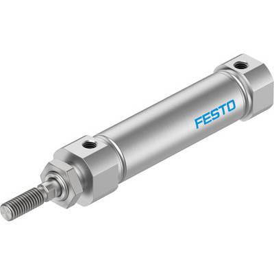 Srebrny cylinder pneumatyczny z logo Festo, ułożony poziomo, z gwintem śrubowym po lewej stronie, przeznaczony do zastosowań przemysłowych.