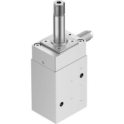 Metalowy cylinder pneumatyczny z widocznym tłoczyskiem i przyłączem bocznym. Nadaje się do zastosowań mechanicznych.