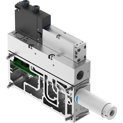 Elektroniczny zawór pneumatyczny o szarej metalicznej powierzchni z wieloma przyłączami i punktami podłączeniowymi.