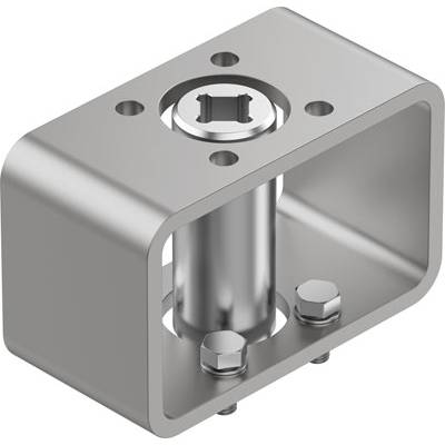 Prostokątny, srebrny adapter metalowy z cylindryczną częścią wewnętrzną i otworami do mocowania śrubowego.