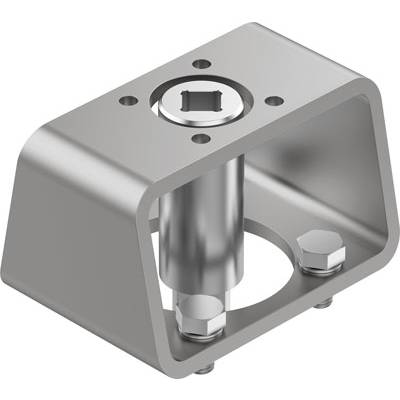 Metalowy uchwyt mocujący z kwadratowym otworem na górze, cylindrycznym trzpieniem pośrodku i kilkoma śrubami u podstawy.
