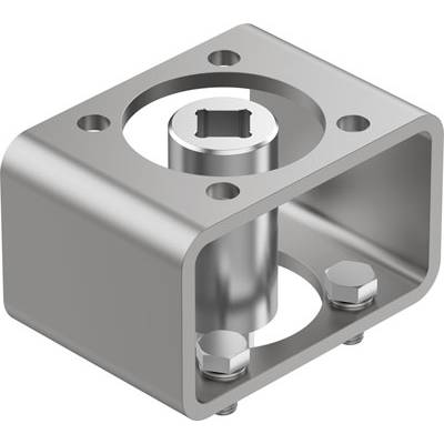 Metalowa prostokątna obudowa z centralnym cylindrem i dwoma bocznymi sworzniami. Przeznaczona do zastosowań technicznych lub budowy maszyn.