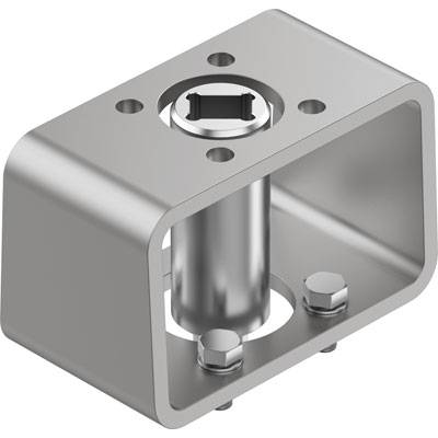 Metalowy element mocujący z prostokątną ramą i cylindryczną podstawą, widoczne są dwie śruby mocujące.