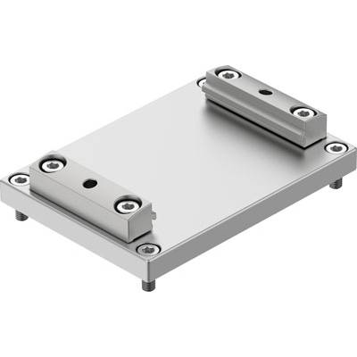 Metalowa płyta z czterema śrubami w narożnikach oraz dwoma podwyższonymi uchwytami pośrodku; element mechaniczny.
