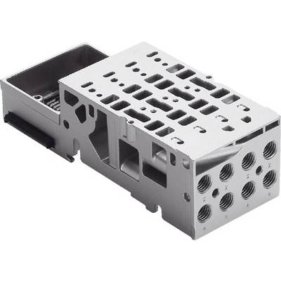 Metalowy blok zaworowy z wieloma otworami i kanałami służący do sterowania systemami hydraulicznymi lub pneumatycznymi.