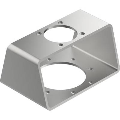 Kątownik metalowy z otworami na śruby i dwiema dużymi okrągłymi otworami na górnej i dolnej powierzchni, prawdopodobnie element systemu montażowego.