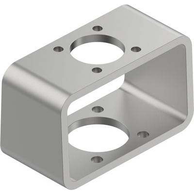 Metalowy, prostokątny element z dwoma okrągłymi otworami na górnej i dolnej powierzchni, przeznaczony do mocowania.