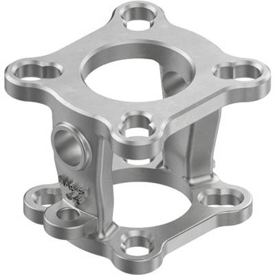 Struktura metalowa z wieloma otworami i cylindrycznymi połączeniami, prawdopodobnie element maszyny służący do łączenia lub stabilizacji komponentów.