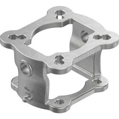 Metalowy, sześcienny element maszyny z centralnymi otworami i bocznymi otworami. Odpowiedni do zastosowań mechanicznych.